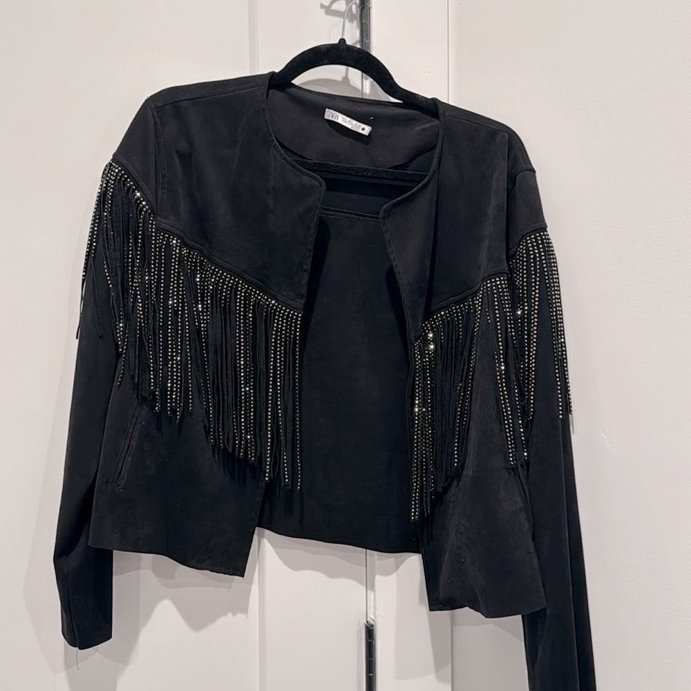 Zara black jacket with rhinestone fringes